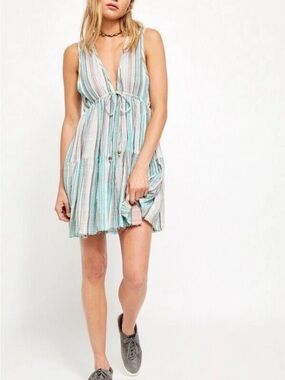 Free  People Freebird Striped Tiered Mini Dress — Size S — Teal/Pink Pastels